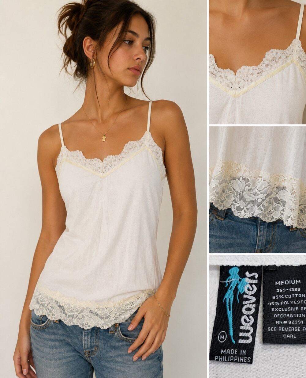 Y2K Indie Sleaze Layering Boho Weavers Lace Trim Cami Tank Top Sz M Ivory Cotton
